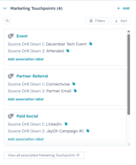 HubSpot contact sidebar card titled 'Marketing Touchpoints (4)' with three example touchpoints: Event (December Tech Event / Attended), Partner Referral (Connectwise / Partner Email), and Paid Social (LinkedIn / JayOh Campaign #1). A 'View all associated Marketing Touchpoints' link sits below.