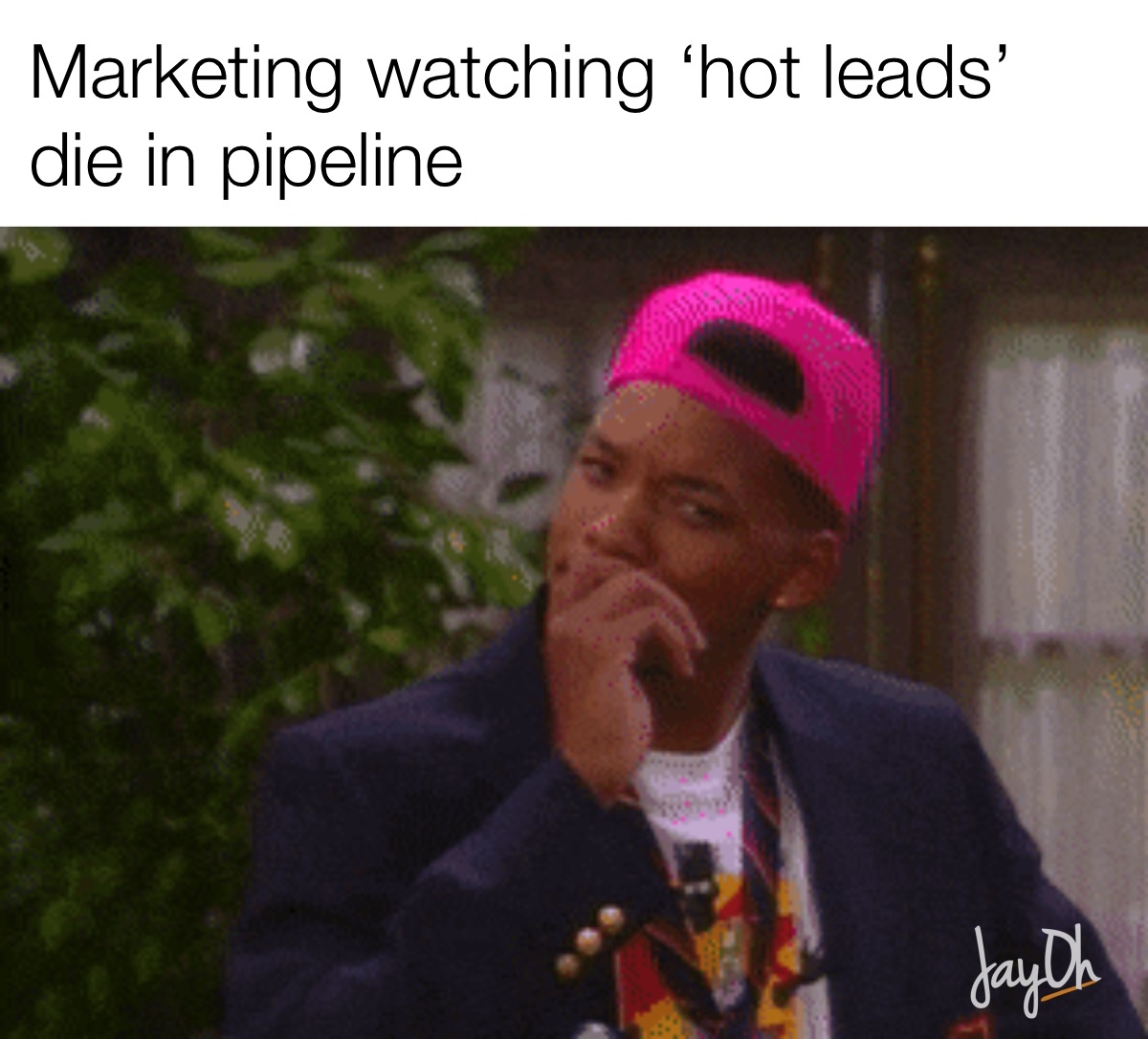 Meme captioned &lsquo;Marketing watching hot leads die in pipeline&rsquo;, illustrating slow speed to lead and broken lead routing